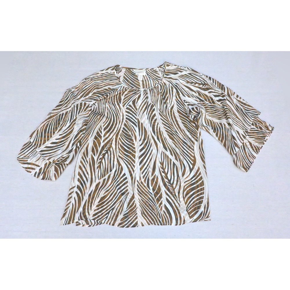 Chicos Womens 2 Abstract Leaf Print Blouse Ivory Brown Flutter Sleeve Pullover